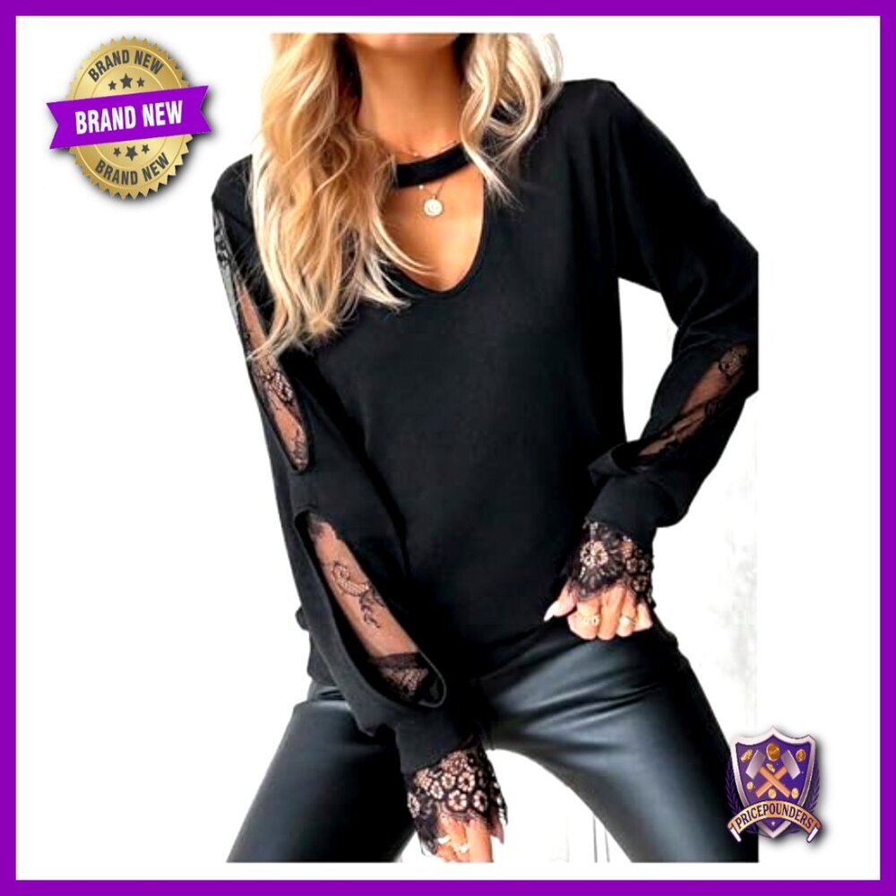 Plus Size Floral Lace Cut Out Long Sleeve T-Shirt Blouse - Picture 4 of 5